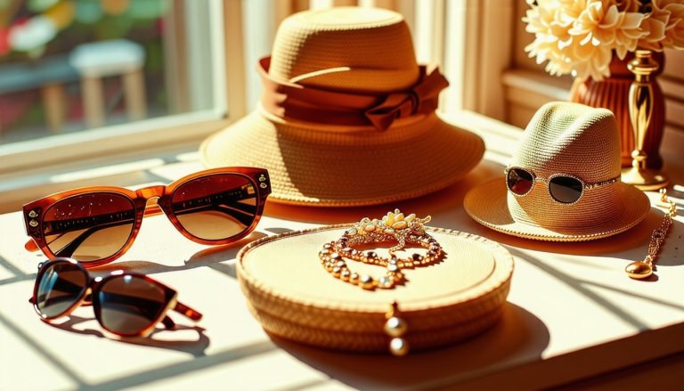 une-table-elegante-ornee-daccessoires-de-mode-vintage-comprenant-des-chapeaux-raffines-des-lunettes-de-soleil-retro-et-des-bijoux-ornes-dans-un-cadre-lumineux-et-chaleureux
