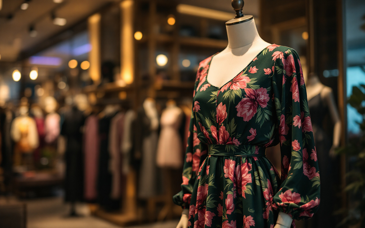 Une robe longue à manches longues stylisée sur un mannequin, avec des motifs floraux audacieux, présentée dans un magasin avec un éclairage doux créant une atmosphère chaleureuse.