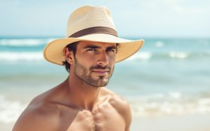 un-homme-portant-un-chapeau-panama-elegant-sur-la-plage-avec-un-ciel-bleu-et-le-soleil-brillant-le-sable-dore-sous-ses-pieds