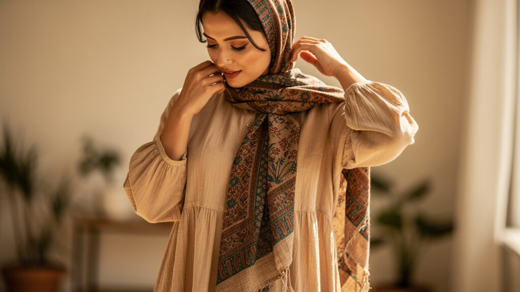 Une femme porte une tenue sobre beige et ajuste un foulard bohème chic coloré autour de son cou, dans une lumière douce et naturelle.
