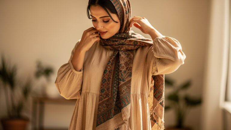 Une femme porte une tenue sobre beige et ajuste un foulard bohème chic coloré autour de son cou, dans une lumière douce et naturelle.