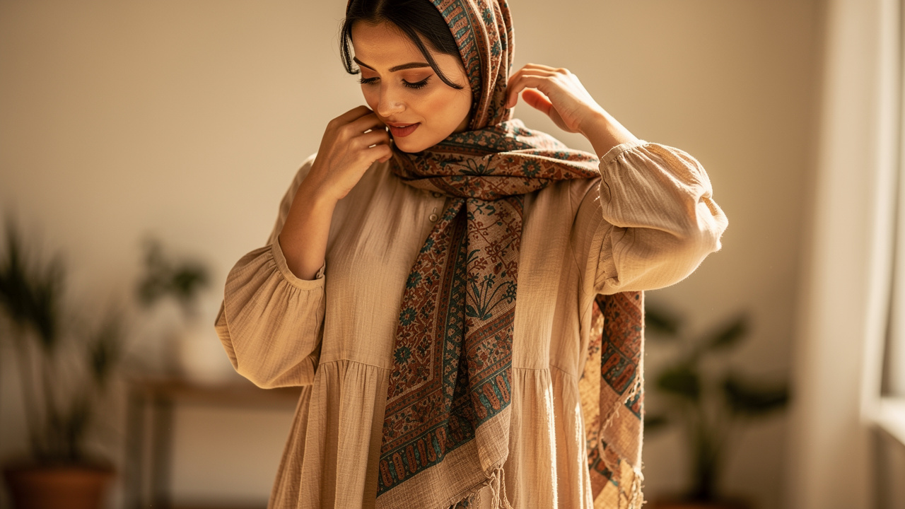 Une femme porte une tenue sobre beige et ajuste un foulard bohème chic coloré autour de son cou, dans une lumière douce et naturelle.