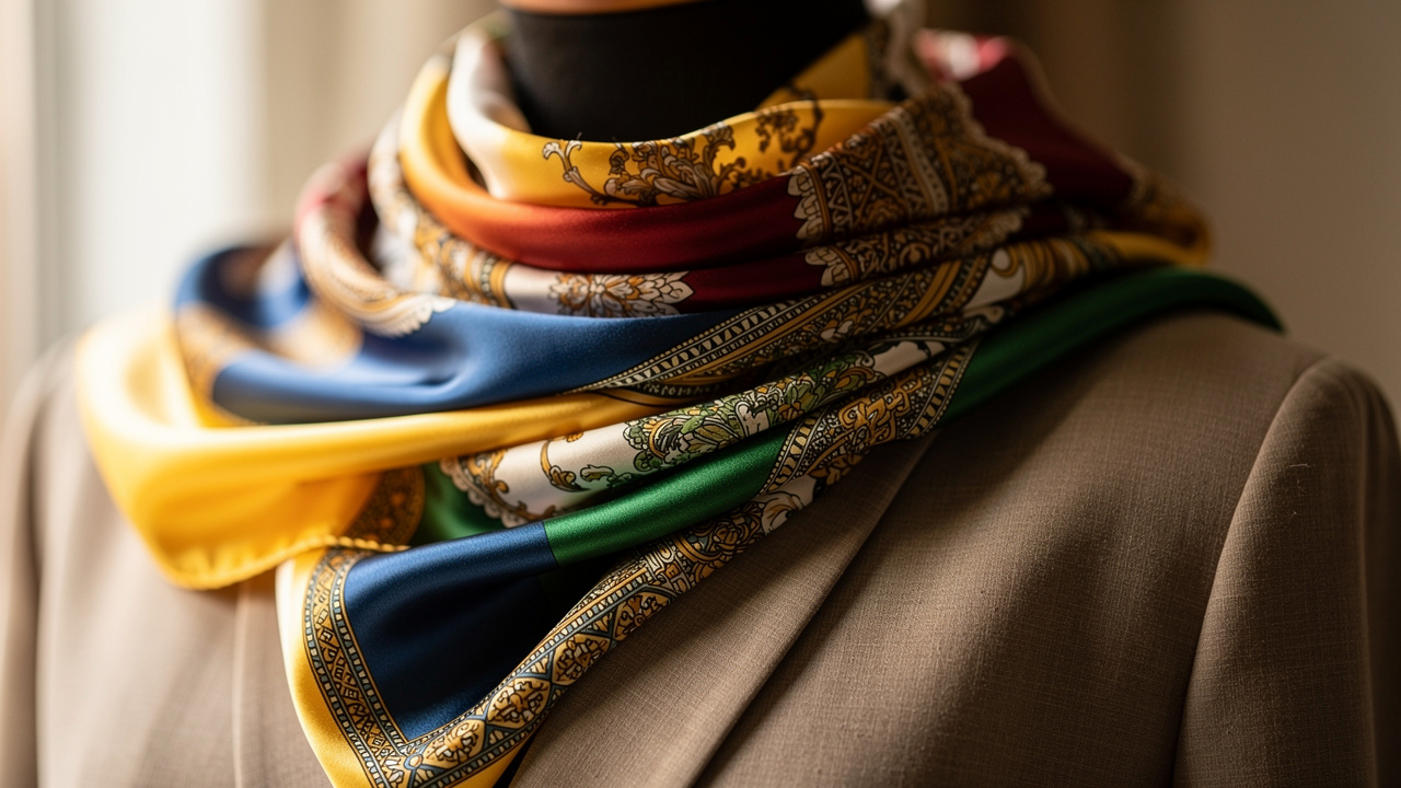 Sélection de foulards imprimés et unis posés sur des vêtements neutres, montrant une harmonie des couleurs dans une mise en scène élégante.