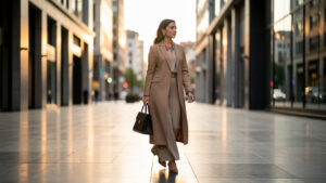 Une femme au style chic et sobre, avec sac à main, chaussures et bijoux colorés, marchant dans un décor urbain élégant au coucher du soleil.