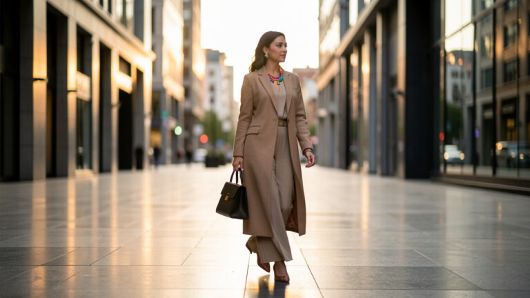 Une femme au style chic et sobre, avec sac à main, chaussures et bijoux colorés, marchant dans un décor urbain élégant au coucher du soleil.