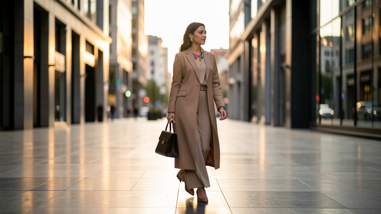 Une femme au style chic et sobre, avec sac à main, chaussures et bijoux colorés, marchant dans un décor urbain élégant au coucher du soleil.