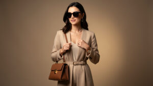 Femme portant une tenue élégante et sobre, un sac structuré, des bijoux délicats, une ceinture raffinée et des lunettes de soleil, dans une ambiance mode chic.