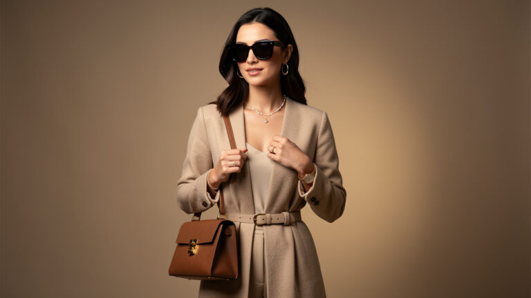 Femme portant une tenue élégante et sobre, un sac structuré, des bijoux délicats, une ceinture raffinée et des lunettes de soleil, dans une ambiance mode chic.