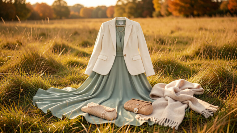Tenue élégante pour un mariage champêtre en septembre, avec robe vert sauge, veste crème, chaussures à talon carré, pochette tressée et étole posées sur l’herbe.
