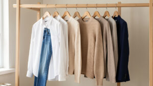 Dressing féminin lumineux et ordonné présentant une chemise blanche, un jean droit brut, un pull en maille beige et un blazer marine sur des cintres en bois.