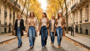 Cinq femmes adultes marchent dans une rue parisienne bordée de feuilles dorées, chacune portant un modèle différent de jean : droit, wide leg, barrel, flare ou slim.