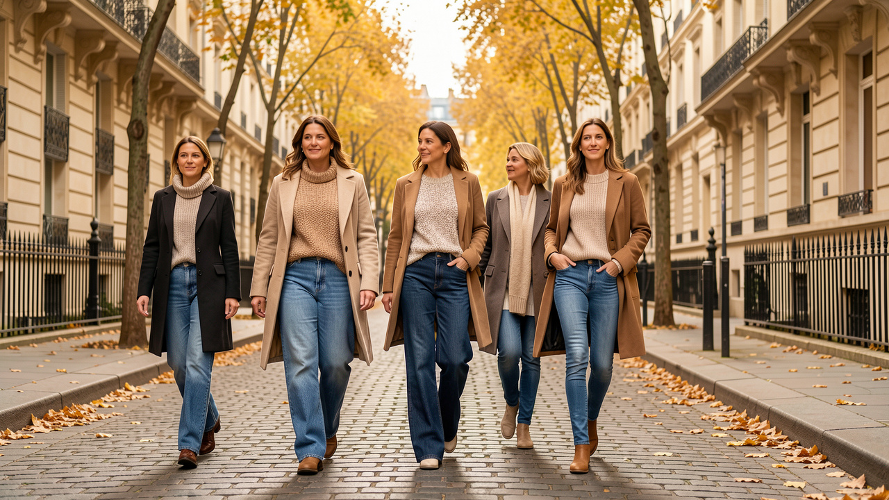 Cinq femmes adultes marchent dans une rue parisienne bordée de feuilles dorées, chacune portant un modèle différent de jean : droit, wide leg, barrel, flare ou slim.