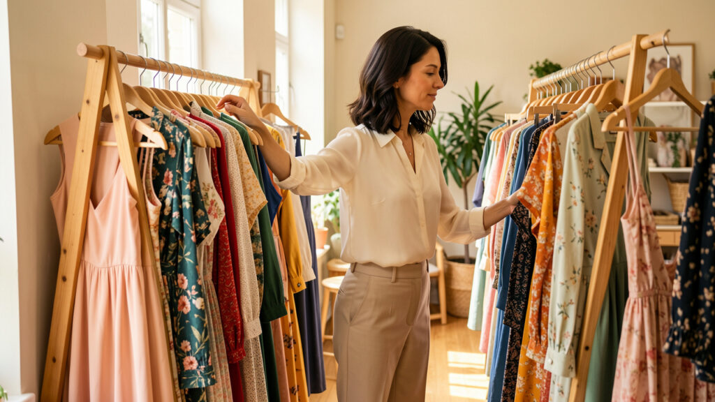 Une femme élégante parcourt des robes de seconde main sur un portant dans une boutique solidaire lumineuse.