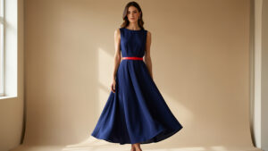 Femme élégante portant une robe midi fluide bleu marine ajustée par une ceinture rouge vif, éclairée par une lumière naturelle douce dans un décor minimaliste.