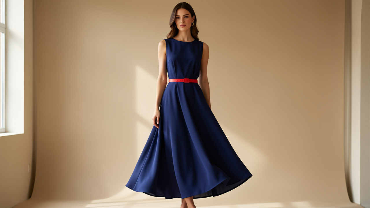 Femme élégante portant une robe midi fluide bleu marine ajustée par une ceinture rouge vif, éclairée par une lumière naturelle douce dans un décor minimaliste.