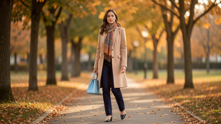 Silhouette d’une femme en manteau beige et jean brut, portant un sac bleu ciel et un foulard coloré dans la douce lumière d’un parc d’automne.