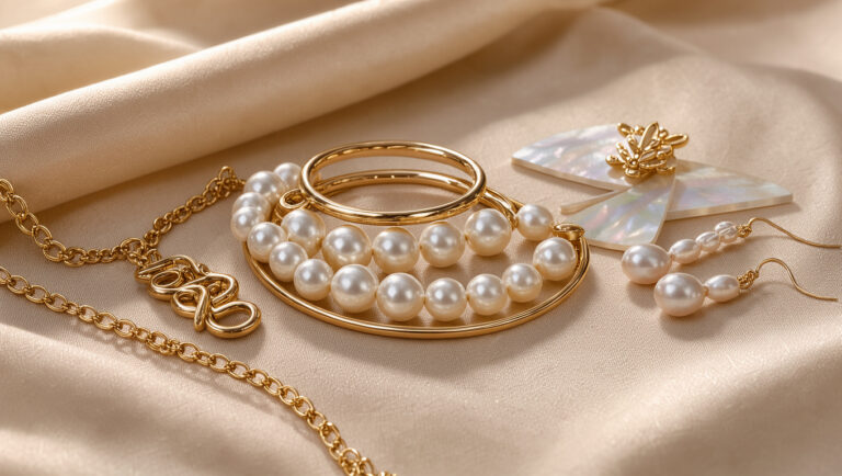 Composition élégante de bijoux dorés symboliques, de perles et de nacre disposés sur un tissu beige lumineux.