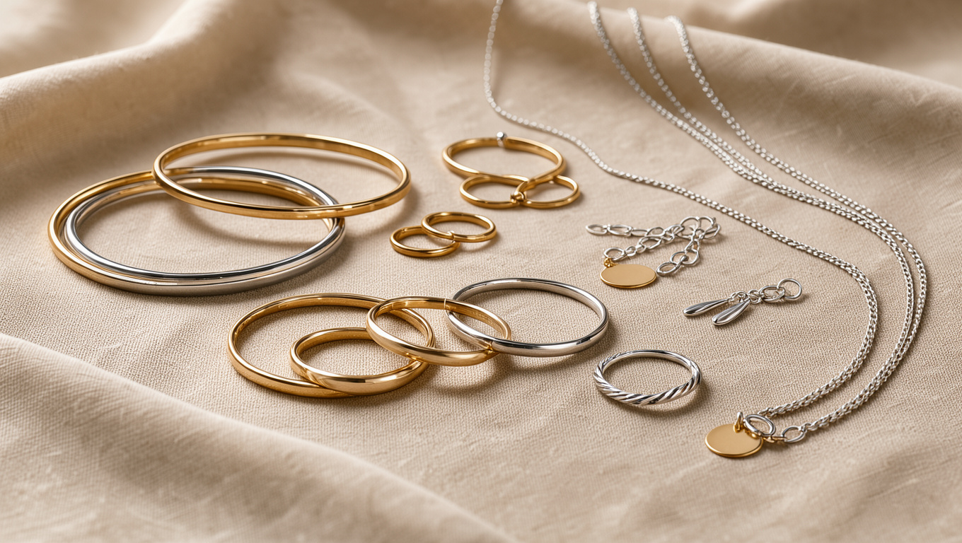 Collection élégante de bijoux intemporels en or et en argent disposés sur un tissu beige sous une lumière douce.