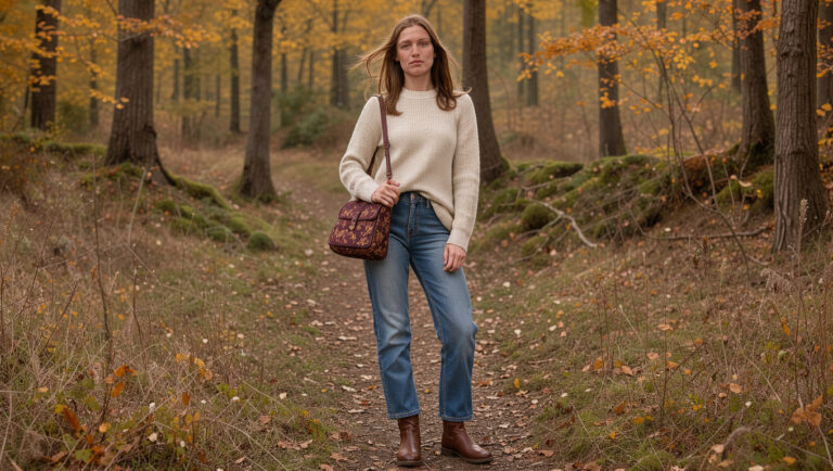 Femme portant un jean droit, un pull fin écru et un mini-sac en jacquard floral bordeaux et brun, photographiée dans une douce lumière d’automne.