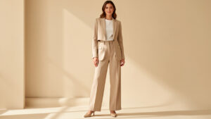 Femme vue en pied portant un pantalon ample beige taille haute et des chaussures fermées à bout pointu dans un style éditorial lumineux.