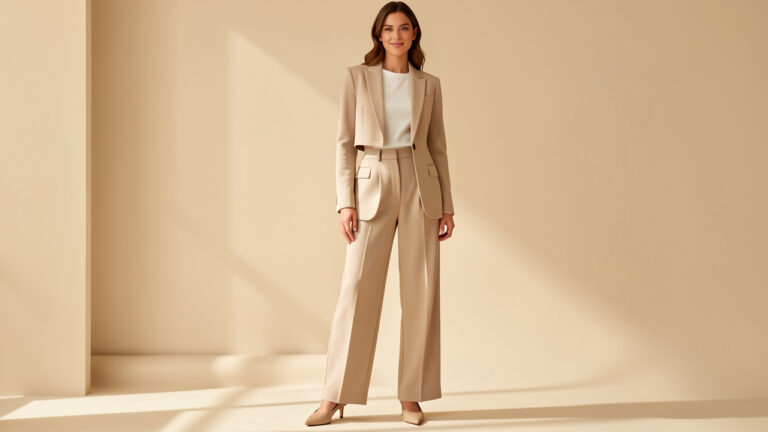 Femme vue en pied portant un pantalon ample beige taille haute et des chaussures fermées à bout pointu dans un style éditorial lumineux.