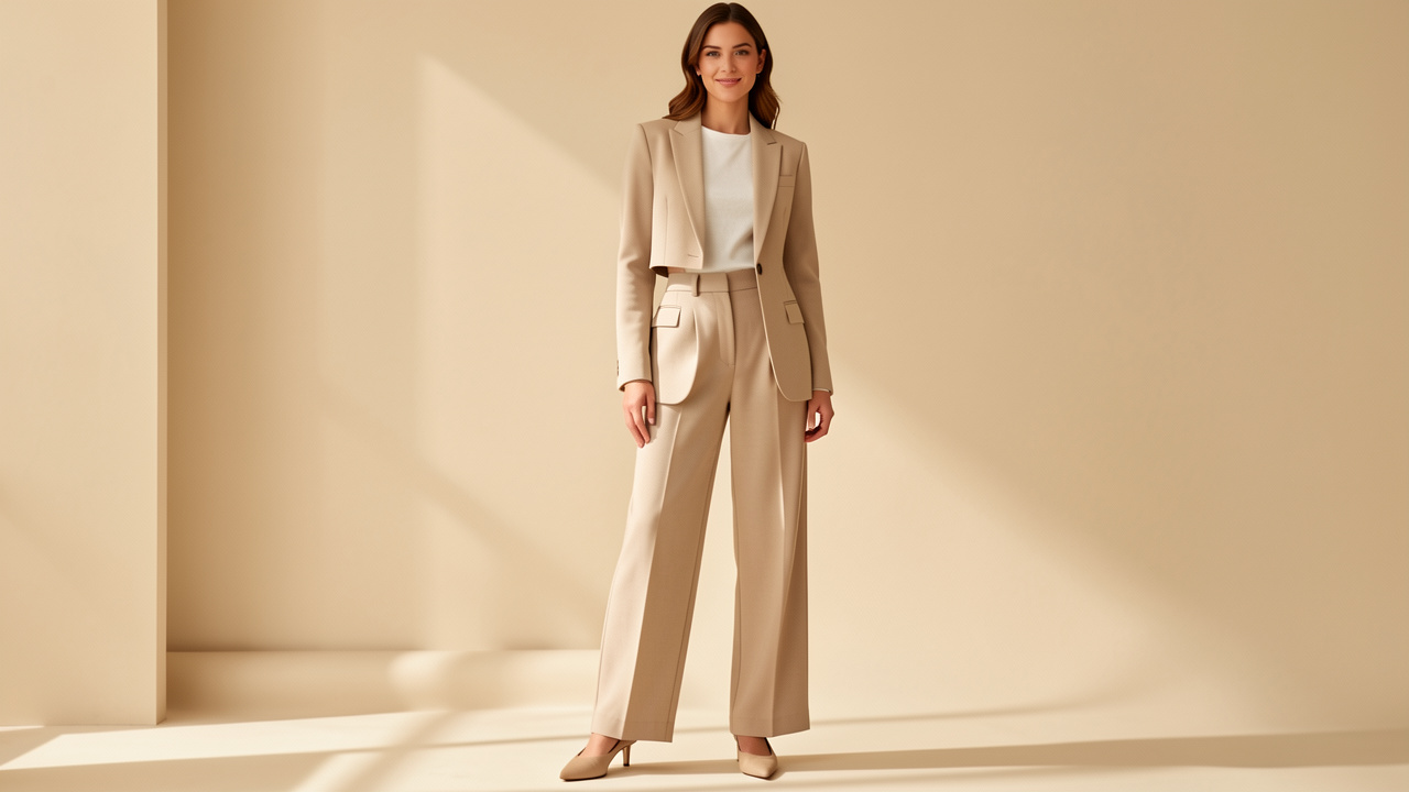 Femme vue en pied portant un pantalon ample beige taille haute et des chaussures fermées à bout pointu dans un style éditorial lumineux.