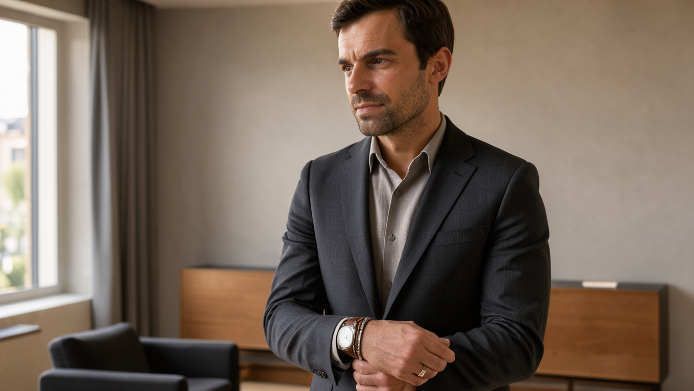 Homme élégant en costume sobre, portant une montre, une bague et des bracelets discrets, éclairé par une lumière naturelle douce.